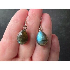 925 Sterling Silver Labradorite Beaded Dangling Pierced Earrings Vintage